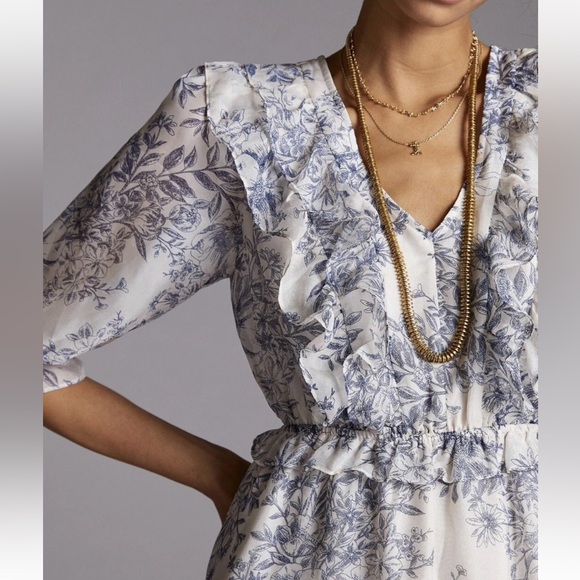 Anthropologie Moon River Blue Floral Ruffle Midi Dress size Small - Picture 3 of 14